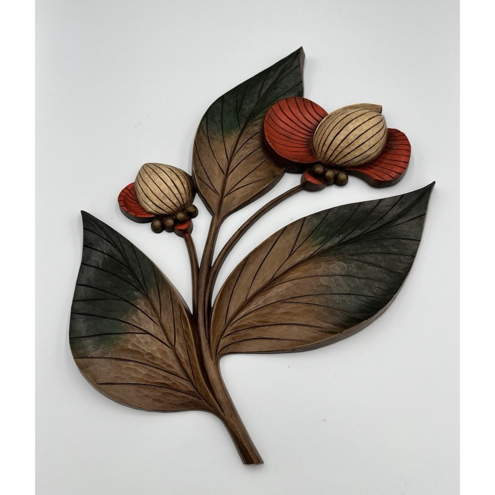 MCM Syroco Flower Wall Hanging Plaque Wood Grain Orange Green Leaves 1964 VTG
